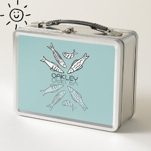 Cute Blue Sardines Reflection Doodle Custom Name Metal Lunch Box