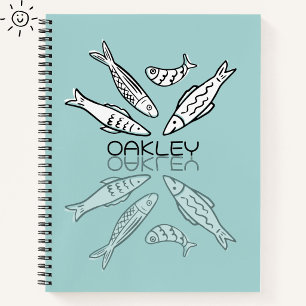 Cute Blue Sardines Reflection Doodle Custom Name Notebook