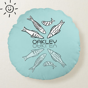 Cute Blue Sardines Reflection Doodle Custom Name Round Pillow