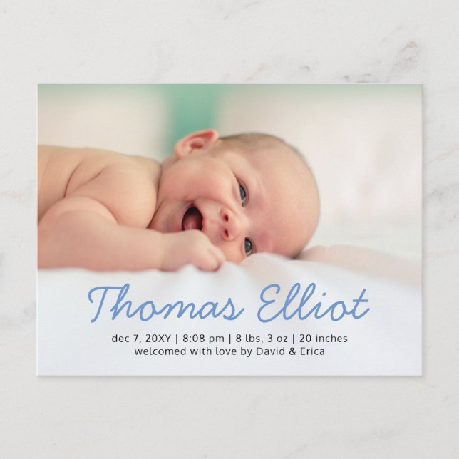 Cute Blue Script Photo Baby Announcement Postcard (Front)