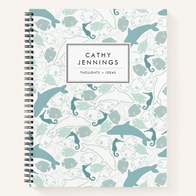 Cute Blue Sea Marine Animals Dolphin Fish Seahorse Notebook (Front)