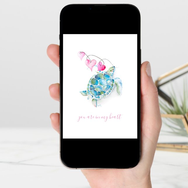 Cute Blue Sea Turtle Hearts Watercolor  Card (Front Digital)