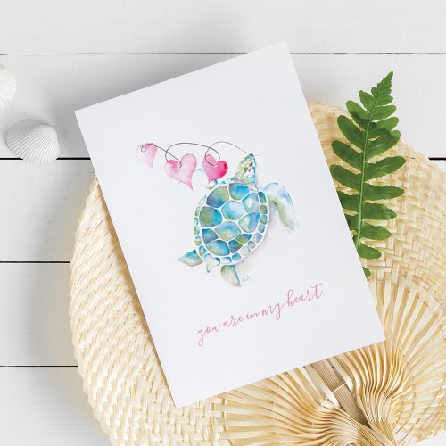 Cute Blue Sea Turtle Hearts Watercolor  Card