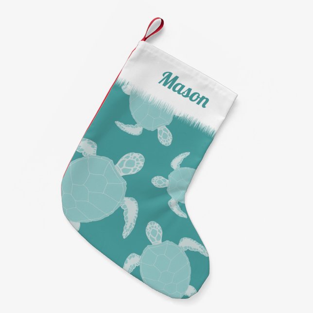Cute Blue Sea Turtle Small Christmas Stocking (Front (Hanging))