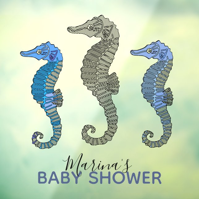 Cute Blue Seahorse Funny Nautical Boy Baby Shower Window Cling (Sheet 3)