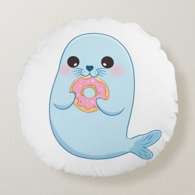 Cute Blue Seal with Donut Round Pillow  (Front)