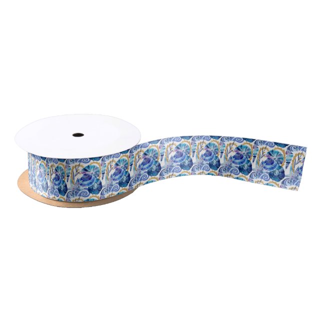cute blue seashell tiled pattern  satin ribbon (Spool)