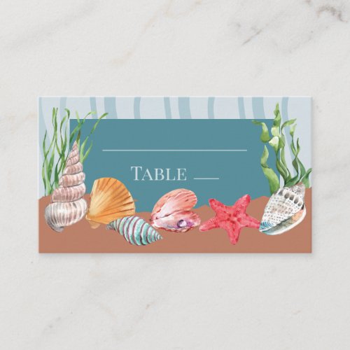 Cute Blue Seashell Watercolor Beach Wedding Escort Place Card