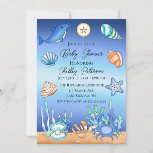 Cute Blue Seaside Beachy Baby Shower  Invitation