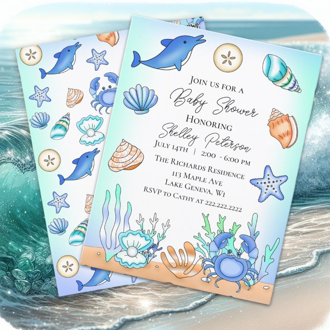 Cute Blue Seaside Beachy Baby Shower Invitation Postcard (Creator Uploaded)