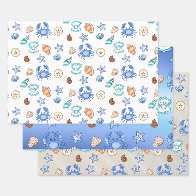 Cute Blue Seaside Beachy Baby Shower Wrapping Paper Sheets (Set)