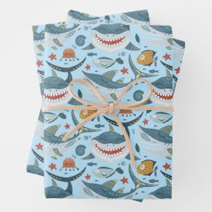 Cute Blue Shark Birthday Kid Boys Thank You Gift Wrapping Paper Sheets