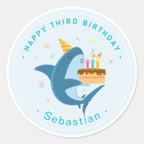 CUTE BLUE SHARK HAPPY THIRD BIRTHDAY BOY CLASSIC ROUND STICKER