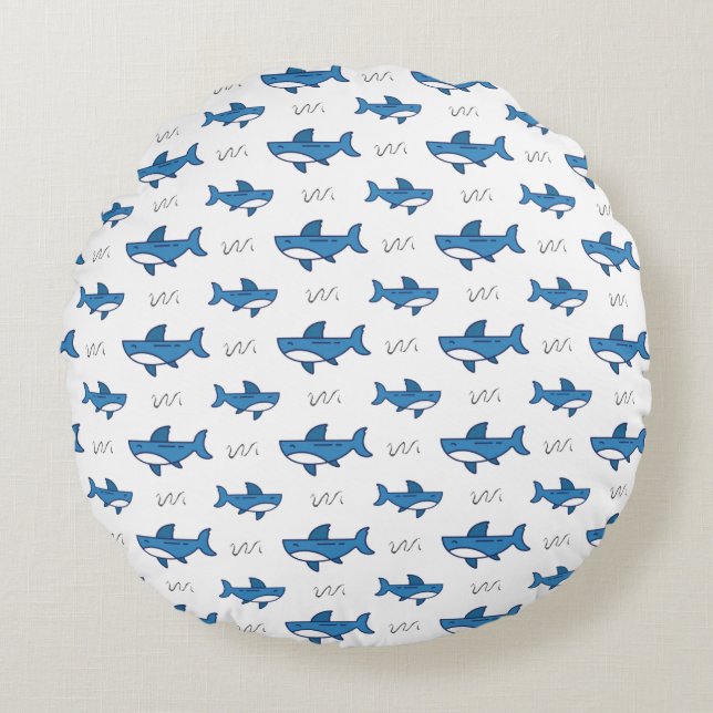 Cute Blue Shark Pattern Round Pillow (Front)
