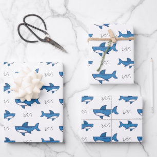 Cute Blue Shark Pattern Wrapping Paper Sheets