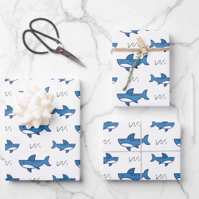 Cute Blue Shark Pattern Wrapping Paper Sheets (Front)