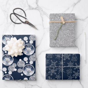 Cute Blue & Silver Christmas Snow Arctic Fox Wrapping Paper Sheets