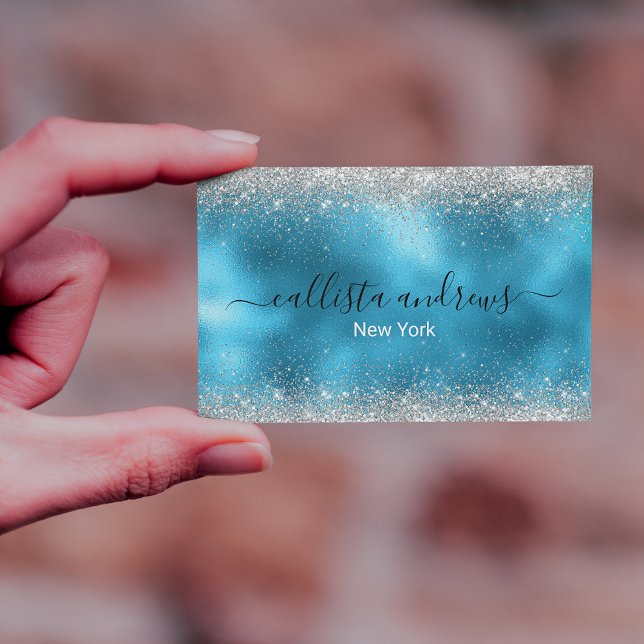 Cute blue silver faux glitter business card (Creator Uploaded)