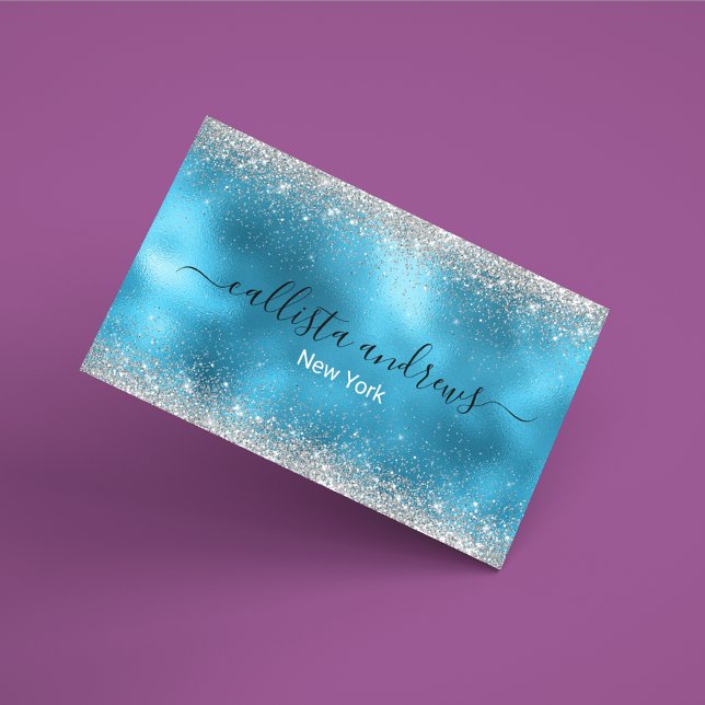 Cute blue silver faux glitter business card magnet (Creator Uploaded)
