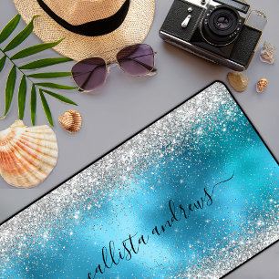 Cute blue silver faux glitter desk mat