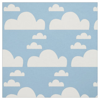 Cute Blue Sky & Dotted Lines Puffy White Clouds Fabric
