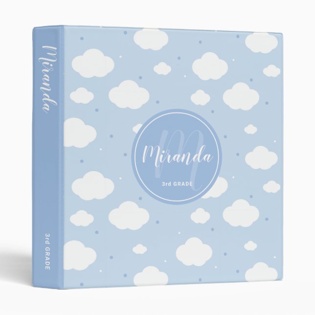 Cute Blue Sky with Custom Monogram and Name 3 Ring Binder (Front/Spine)