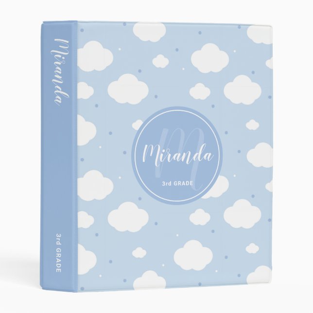 Cute Blue Sky with Custom Monogram and Name Mini Binder (Front/Spine)