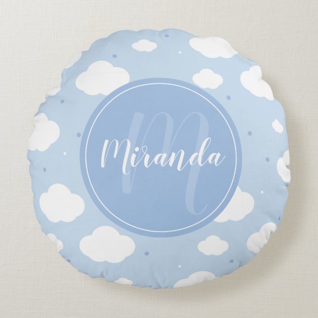 Cute Blue Sky with Custom Monogram and Name Round Pillow (Front)