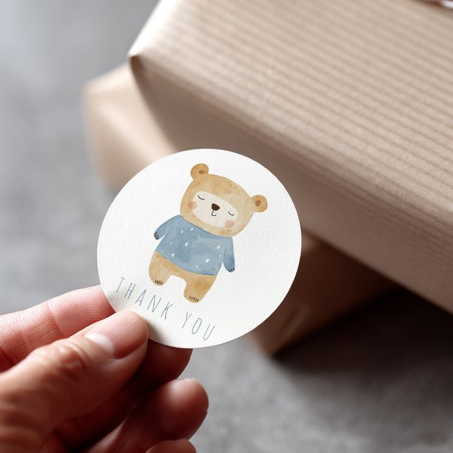 Cute Blue Sleeping Teddy Bear Thank You Classic Round Sticker (Sleepy boy bear blue thank you sticker)