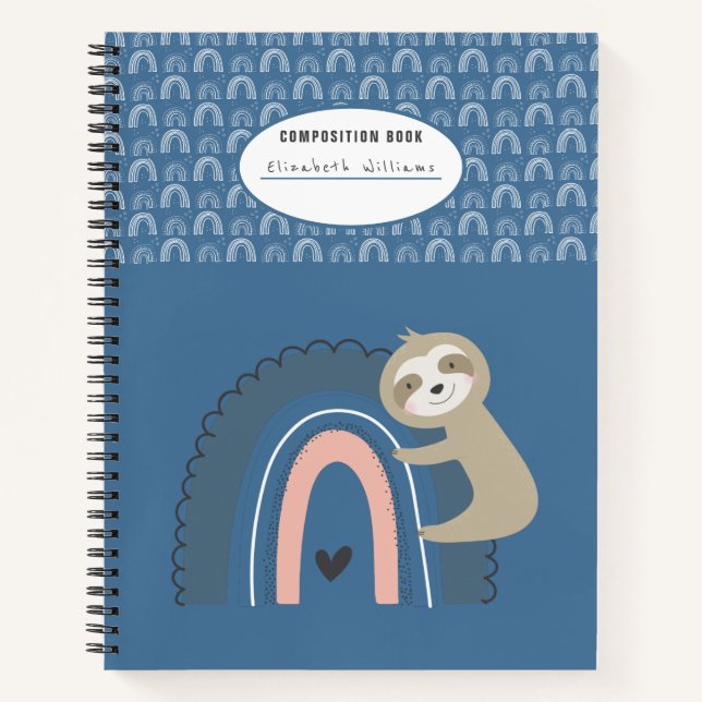 Cute Blue Sloth and Rainbows Composition Book (Front)