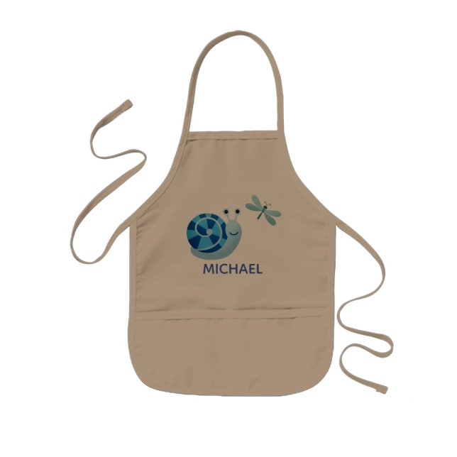Cute Blue Snail and Dragonfly Garden Kids' Apron (Front)
