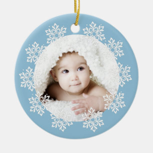 Cute Blue Snowflake Frame Baby Boy Photo Christmas Ceramic Ornament