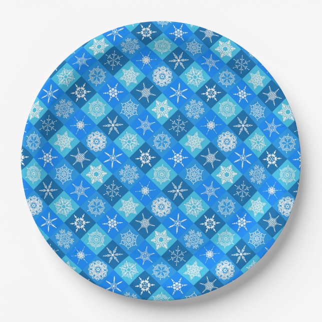 Cute blue snowflake patterns design paper plates (Front)