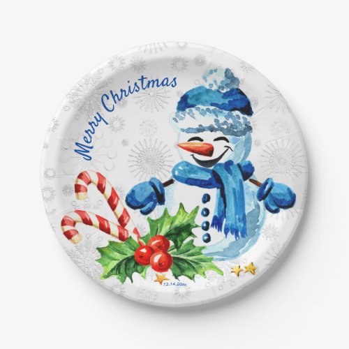 Cute Blue Snowman Merry Christmas Paper Plate