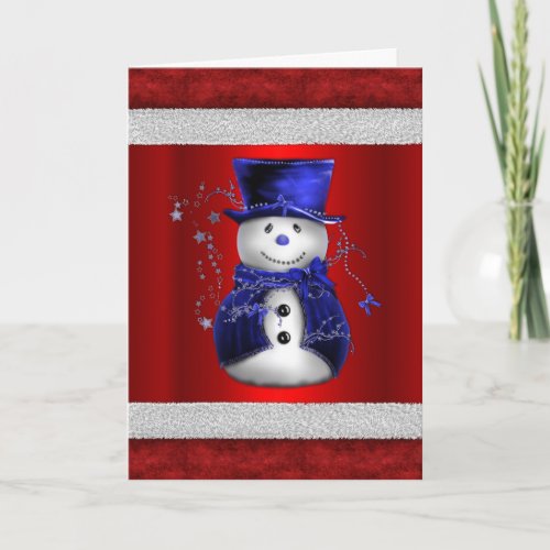 Cute Blue Snowman on Red Christmas Card