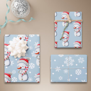 Cute Blue Snowman Snowflakes Christmas Wrapping Paper Sheets