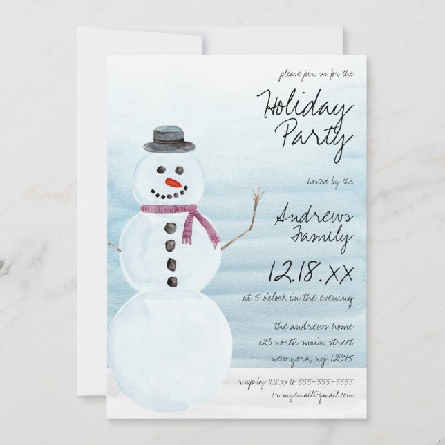 Cute Blue Snowman Watercolor Holiday Party Invitation (Front)