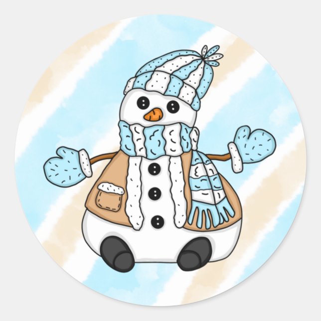 Cute Blue Snowman with Scarf Christmas  Classic Round Sticker (Front)