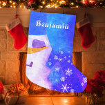 Cute Blue Snowman with Snowflakes Kids Small Christmas Stocking<br><div class="desc">Magical Cute Blue Snowman with Snowflakes Kids Stockings. Snowman and white snowflakes on a beautiful blue and pink background. Personalize these magical stockings with name. The stocking looks magical and the kids will love it.</div>
