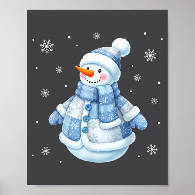 Cute Blue Snowman With Snowflakes Winter Christmas Poster (Front)