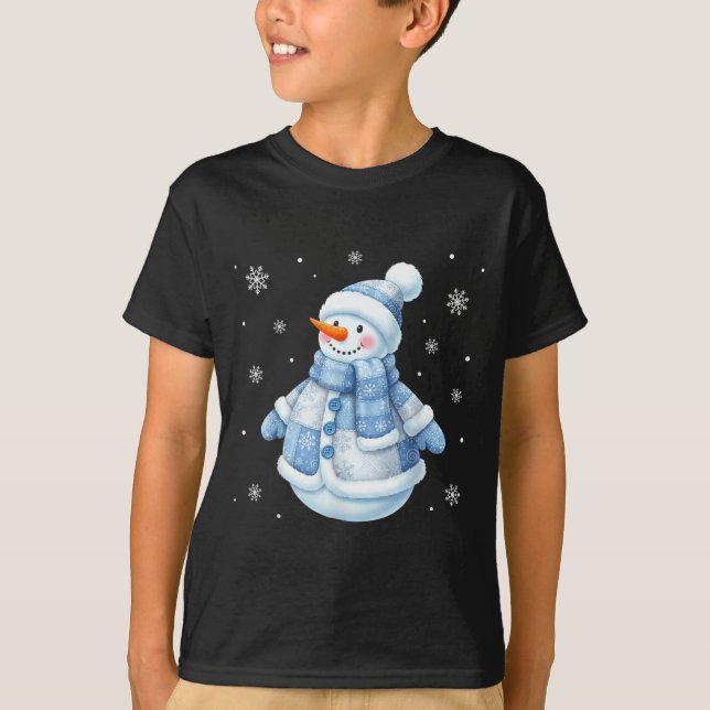 Cute Blue Snowman With Snowflakes Winter Christmas T-Shirt (Front)