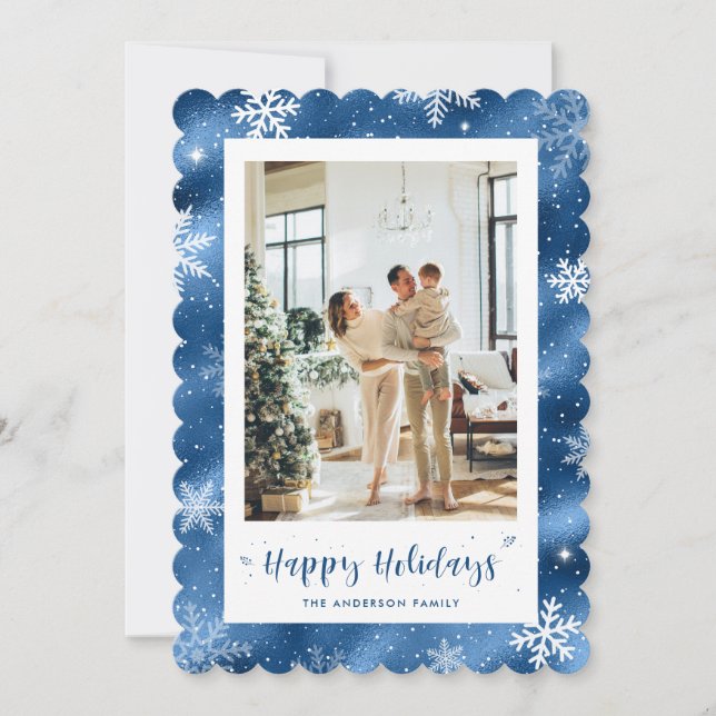 Cute Blue Snowy Photo Holiday Card (Front)