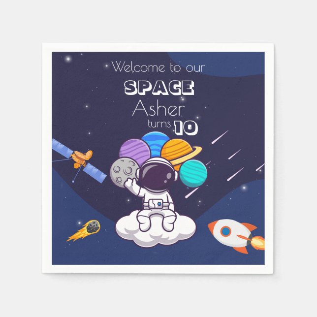 Cute Blue Space Astronaut Personalize Birthday Boy Napkins (Front)
