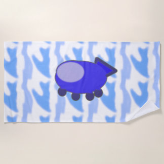 Cute Blue Spaceship on Waveworld Clouds Beach Towel