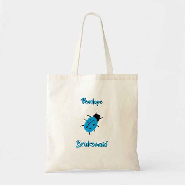 Cute Blue Spotted Ladybug and Bridesmaid Name Tote Bag (Front)