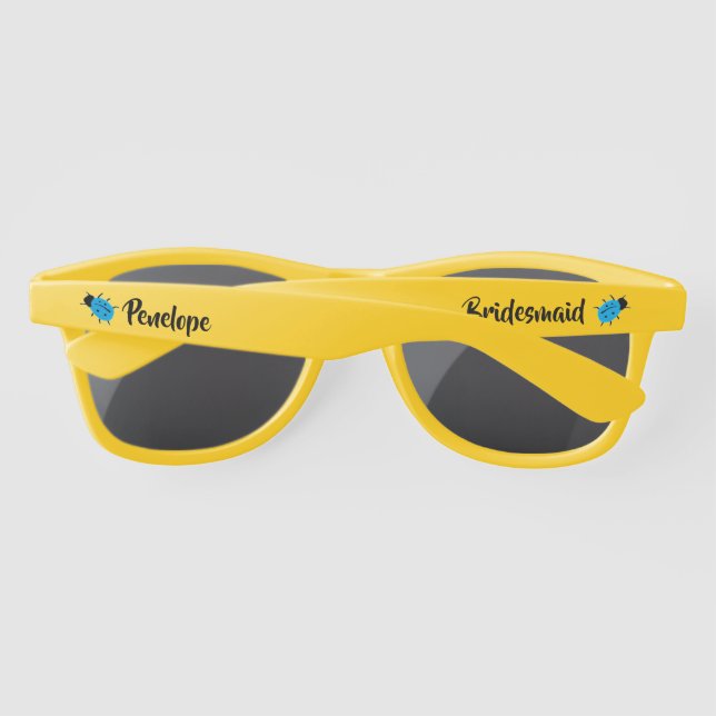 Cute Blue Spotted Ladybug Bridesmaid with Name Sunglasses (Back)