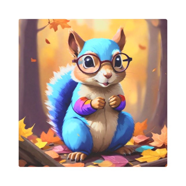 Cute Blue Squirrel with Glasses-56786 Metal Print (Front)