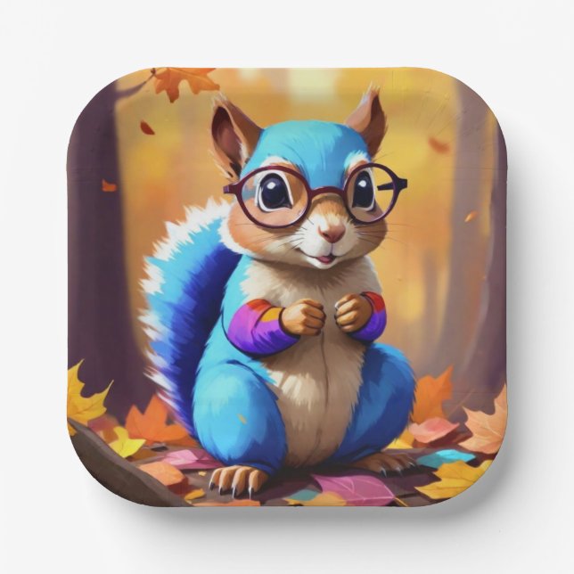 Cute Blue Squirrel with Glasses-56786 Paper Plates (Front)