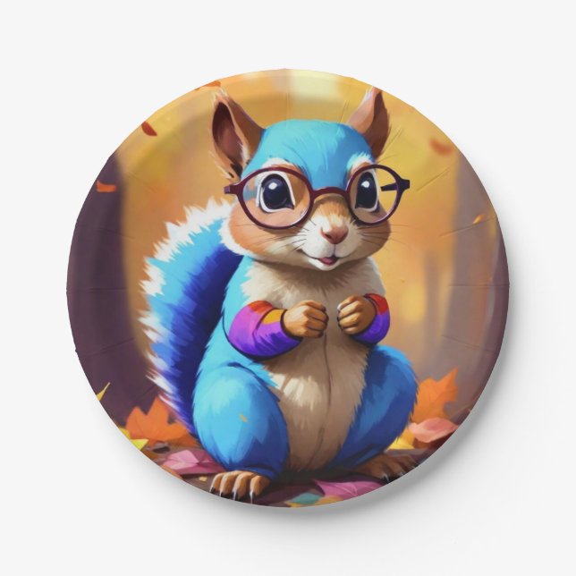 Cute Blue Squirrel with Glasses-56786 Paper Plates (Front)