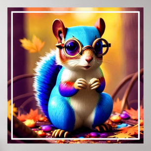 Cute Blue Squirrel with Glasses-56786 Poster